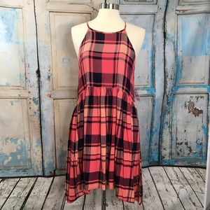 Bongo Sun Dress Size L Pink, Coral & Black Plaid